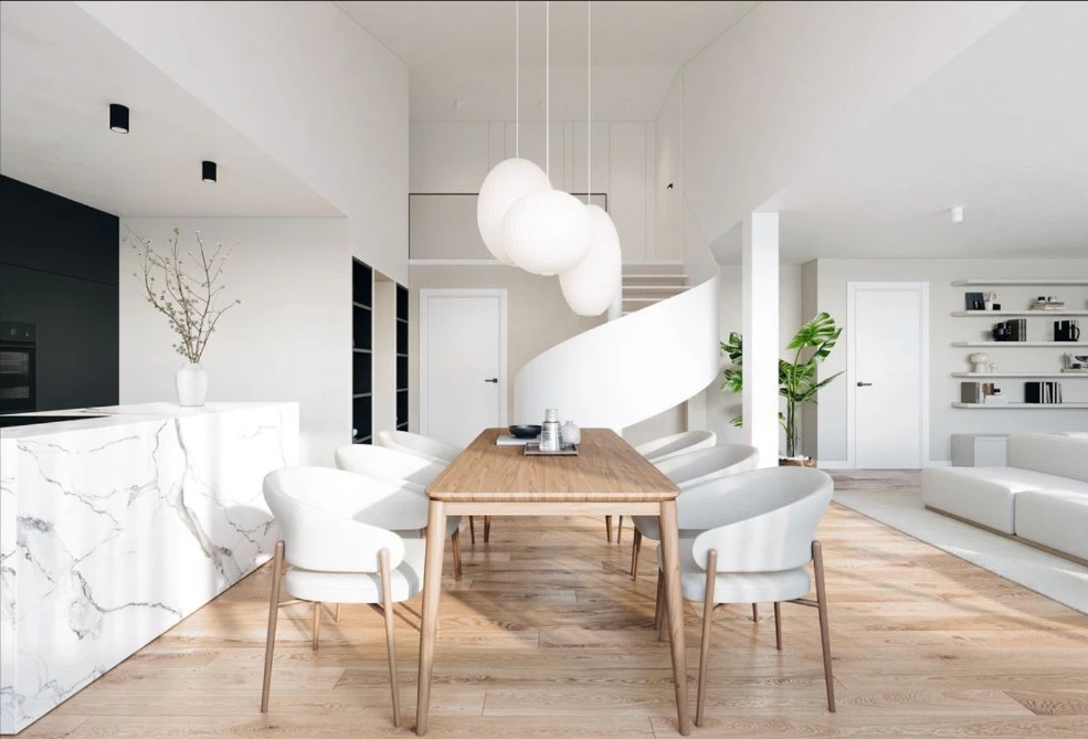 Offener Wohn- und Essbereich des Maisonette-Penthouses in München